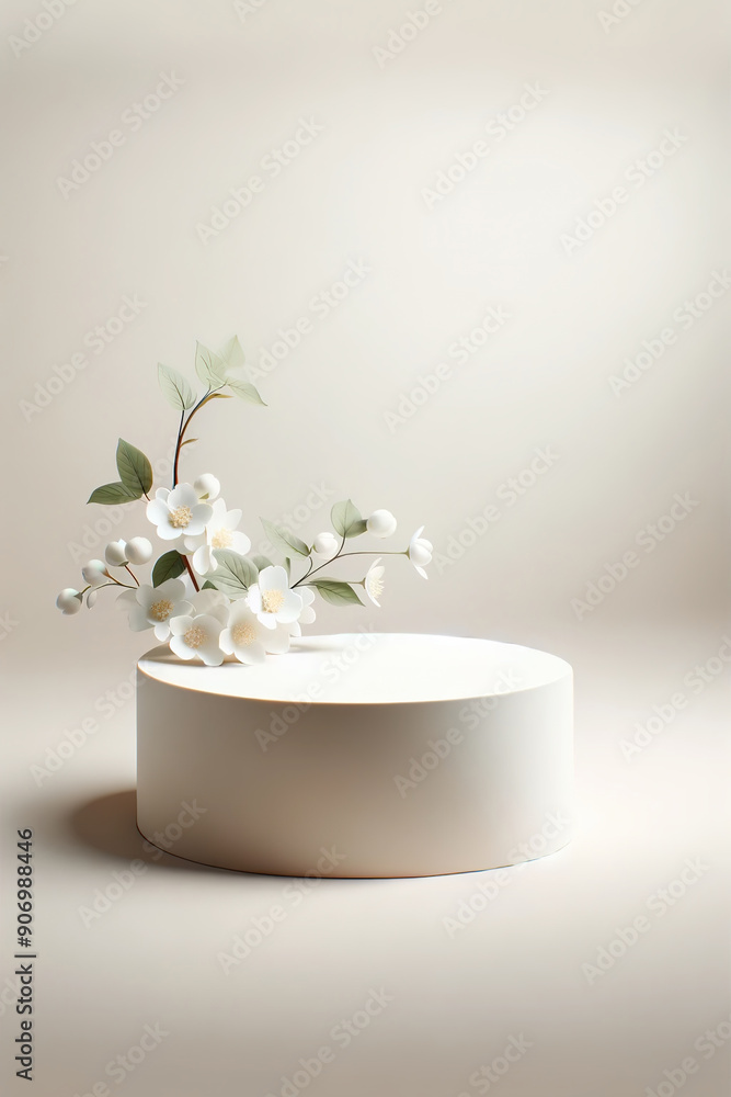 Poster pedestal or podium in the form of a cylinder with white delicate flowers for displaying various item