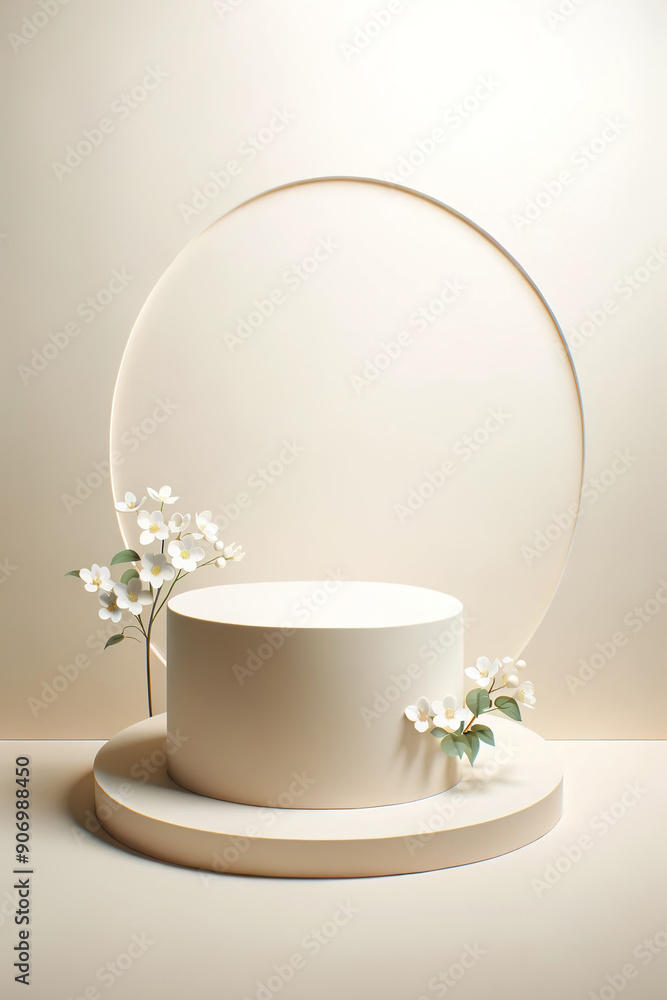Poster pedestal or podium in the form of a cylinder with white delicate flowers and an oval behind for disp