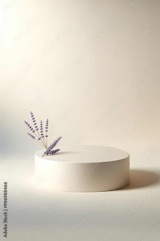 Poster pedestal or podium in the form of a cylinder with purple delicate flowers for displaying various ite