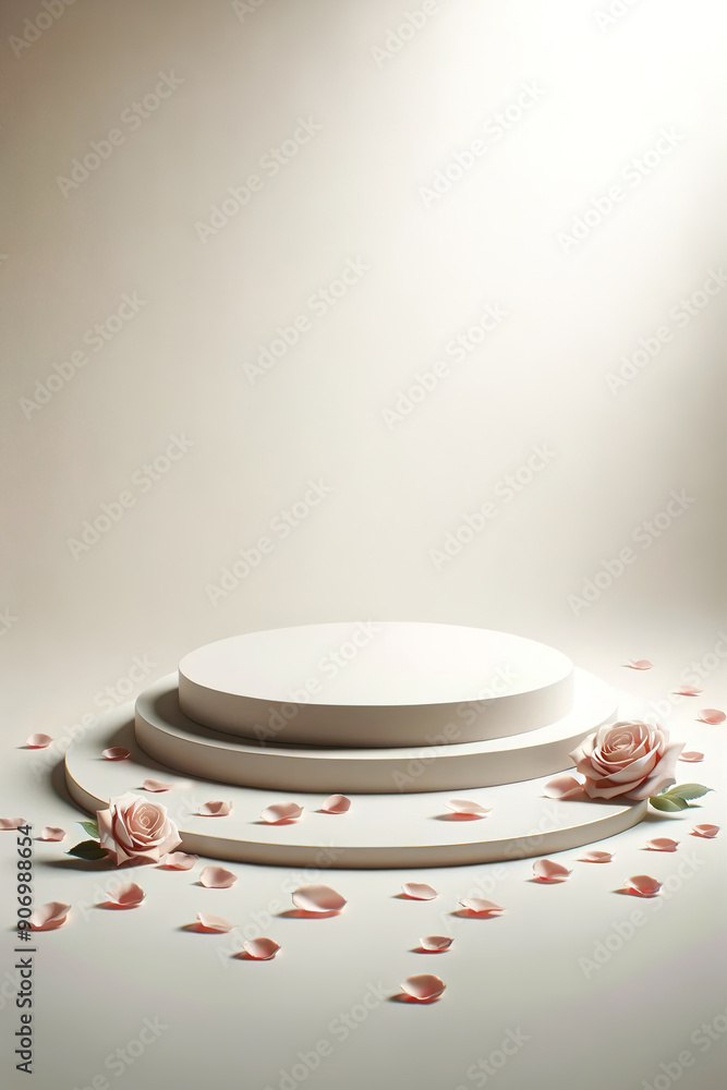 Poster pedestal or podium in the form of a three-tiered cylinder with roses and rose petals for displaying 