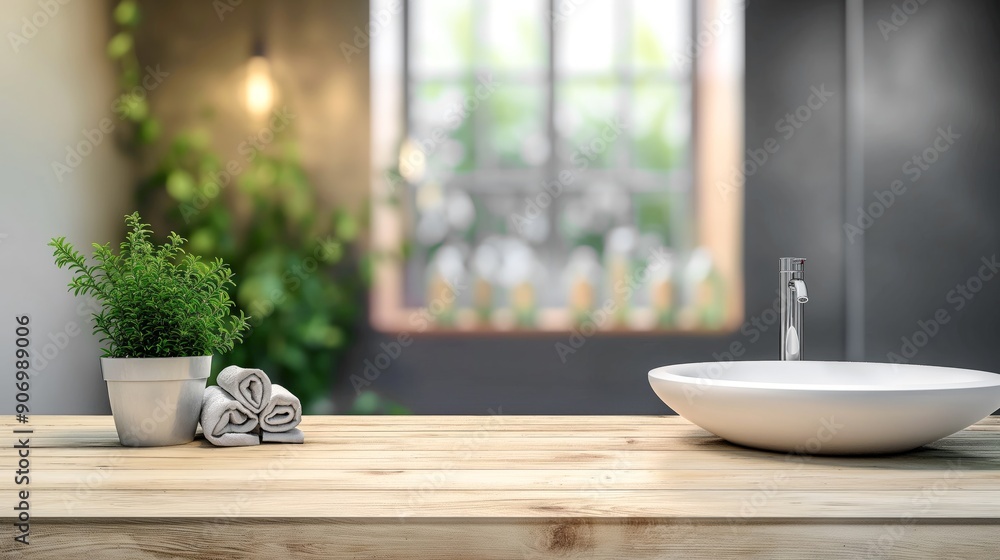 Aufkleber Cozy wooden bathroom table empty copy space background mock up with blurred window backdrop. Wooden table with sink and towels and plant with empty copy space for design and ads