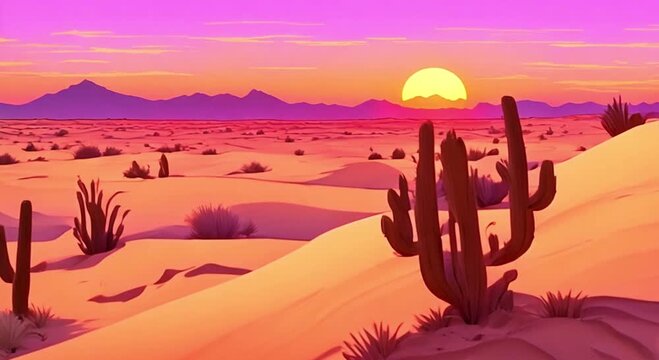 The sun sets over a vast desert landscape, casting long shadows across the rolling dunes. The sky is a gradient of warm colors, from deep oranges and reds to soft pinks and purples.