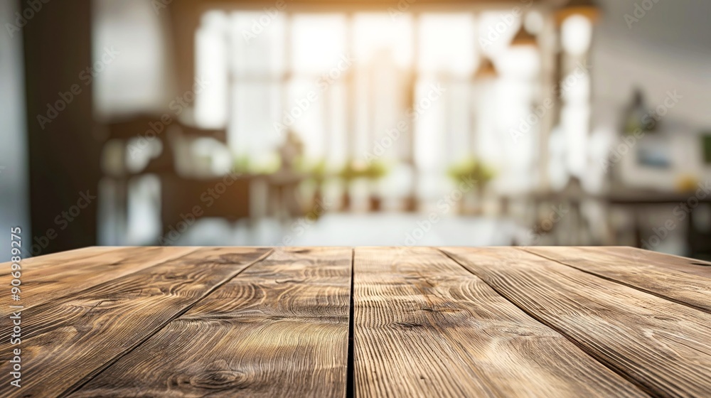 Poster Wooden table with blurred office background empty copy space mock up