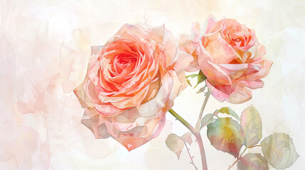 Watercolor garden roses with transparent washes, delicate and light colors, ethereal and soft, light background