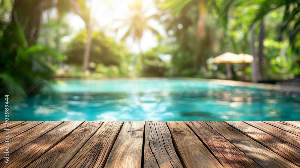 Aufkleber brown wooden table with summer blurred tropical background with sun and palms with blue pool, empty 