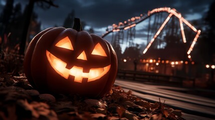 Fototapeta premium A Halloween-themed amusement park with spooky rides, decorations, and costumed staff, high-resolution photo, realistic photo