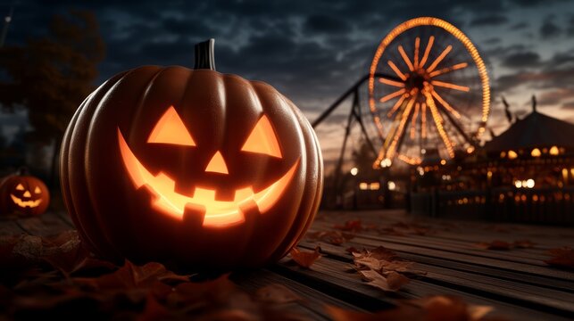 A Halloween-themed amusement park with spooky rides, decorations, and costumed staff, high-resolution photo, realistic photo