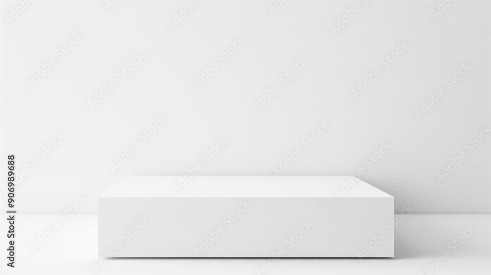 Poster Empty white podium stage table in white empty studio room with sunlight beams from windows. White empty table stage mock up background for products and design, white wall square place