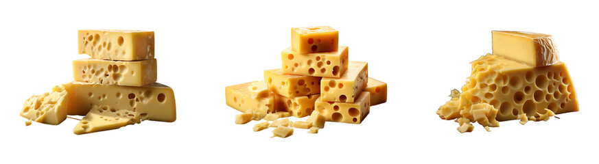 Set, Collection of Emmentaler Cheese isolated on transparent background.