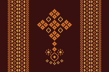 Traditional black ethnic motifs ikat geometric fabric pattern cross stitch.Ikat embroidery Ethnic oriental Pixel brown background.Abstract,vector,illustration. Texture,decoration,wallpaper.