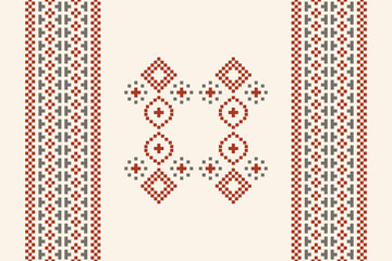 Traditional ethnic motifs ikat geometric fabric pattern cross stitch.Ikat embroidery Ethnic oriental Pixel brown cream label background. Abstract,vector,illustration. Texture,decoration,wallpaper.