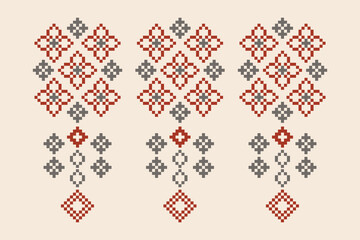 Traditional ethnic motifs ikat geometric fabric pattern cross stitch.Ikat embroidery Ethnic oriental Pixel brown cream label background. Abstract,vector,illustration. Texture,decoration,wallpaper.