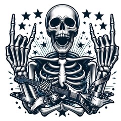Skeleton Rock Star with Guitar and Stars