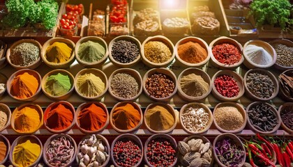 Various spices, peppers and herbs close-up top view. Eastern spice market. A set of peppers and spices for cooking.