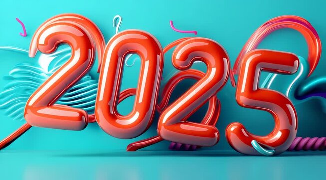 Glossy balloon-like numbers forming 2025 on a teal background with colorful squiggly lines
