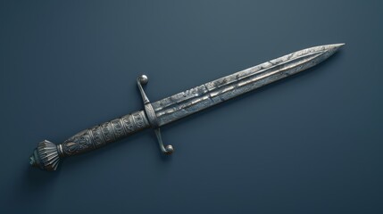 Realistic 3d rendering of combat knife on dark blue studio background for enhanced visual impact
