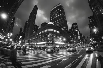 Obraz premium A bustling nighttime cityscape captures the energy and movement of a busy intersection in an urban environment with towering skyscrapers and illuminated signage