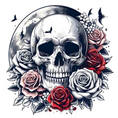 Skull and Roses with Moon Background