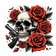 Skull with Roses and Gun Illustration