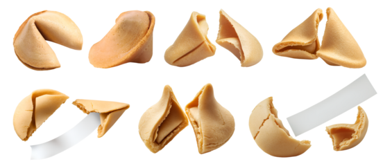 Fortune cookie cookies biscuit wafer pastry dessert on transparent cutout, PNG file. Many assorted different angles, broken, cracked, empty blank note, break. Mockup template for artwork design