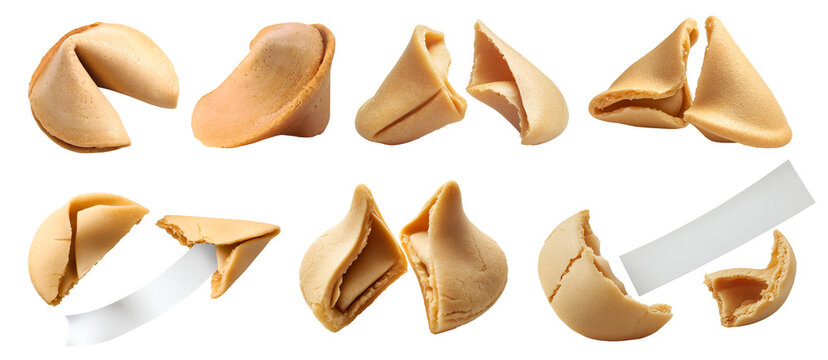 Fortune cookie cookies biscuit wafer pastry dessert on transparent cutout, PNG file. Many assorted different angles, broken, cracked, empty blank note, break. Mockup template for artwork design