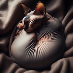 Sphynx Cat Curled Up Sleeping on a Blanket