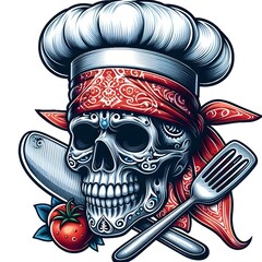Sugar Skull Chef with Bandana and Kitchen Utensils