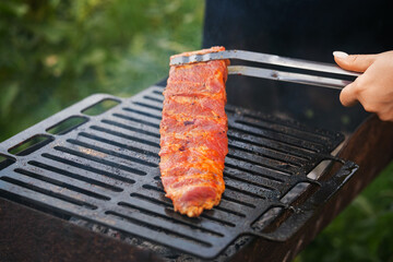 Cooking or grilling pork ribs on the grill