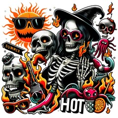 Summer Hot Skull with Sunglasses and Witch Hat