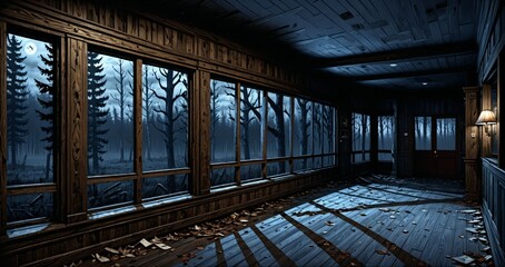 dark hallway corridor room in abandoned wooden cabin house in the woods forest during autumn sunset with red and orange fall trees.