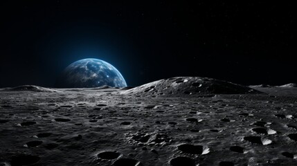 Moon s rugged surface with earth in background against vast expanse of dark space