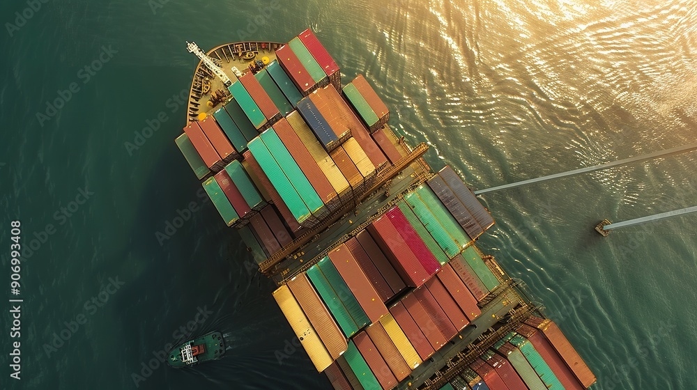 Leinwandbilder aerial top view of container ship loading and unloading, cargo container in deep seaport for the int