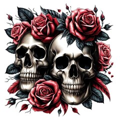 Two Skulls with Red Roses and Leaves