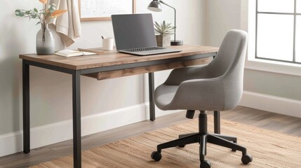 Modern Office Chair at Home Workspace With Laptop on Wooden Desk