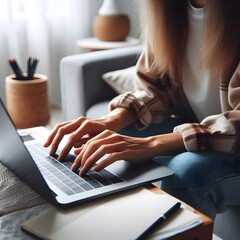 Woman working on laptop in home office