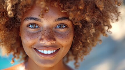 Obraz premium A close-up portrait of a young person with curly hair, showcasing their vibrant smile and freckles, set against a soft, out-of-focus background that adds a serene, natural ambiance to the image