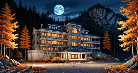 luxury hotel resort at the base of a mountain in the yellow orange autumn woods at night. modern baroque architecture building in the woodland wild forest mountains.