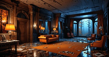 living room of resort hotel palace mansion building interior in the woods mountains forest in autumn. luxury fall seasonal decor with indoor view trees mountain nature landscape.