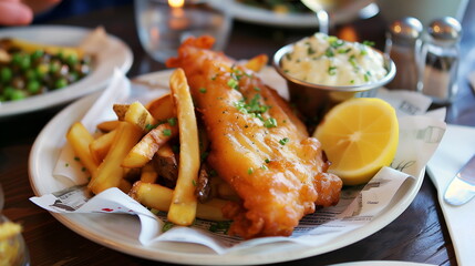Posh fish and chips British cuisine in the restaurant, cafe, traditional food