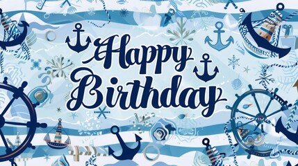 Fototapeta premium A playful birthday design featuring anchors, ships, and festive elements in a calming blue and white palette.