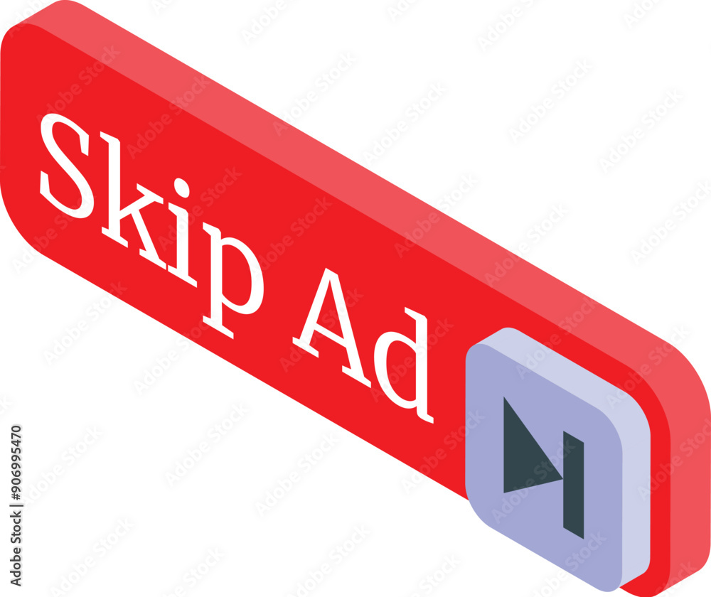 Poster red skip ad button with arrow allowing users to skip advertisement on website or application