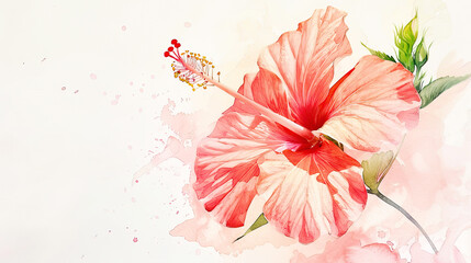 Watercolor hibiscus with feathering, soft and flowing, elegant and delicate, light and airy, clean white background