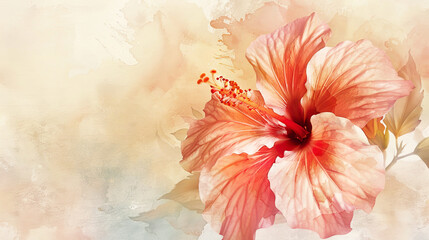 Watercolor hibiscus with gradient washes, smooth color transitions, soft and dreamy, light beige background