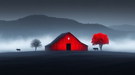 A haunted barn with ghostly animals, cobwebs, and eerie sounds, flat design illustration, high-resolution photo, realistic photo