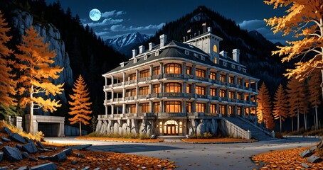 Obraz premium luxury hotel resort at the base of a mountain in the yellow orange autumn woods at night. modern baroque architecture building in the woodland wild forest mountains.