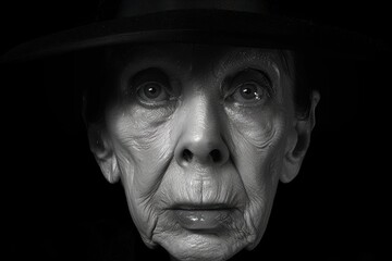 Fototapeta premium A highly detailed monochrome portrait of an elderly individual wearing a dark hat, emphasizing the deep lines and expressive features of their face captured in stunning clarity