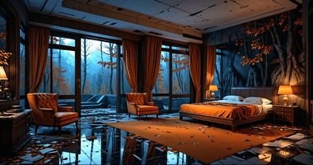 luxury hotel resort bedroom room interior in autumn with evening view of forest woods trees through sliding glass doors and windows. lavish decor furniture and fall seasonal themed design.