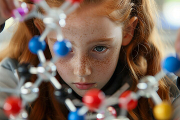 Close-up of a red-haired girl with freckles on her face looking at the structure of molecules.