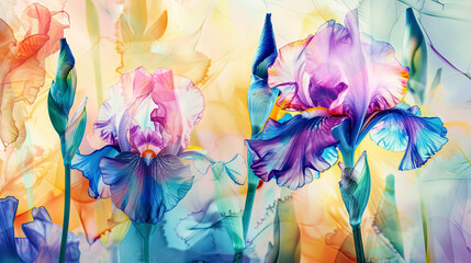 Watercolor irises with negative painting, vibrant flowers with intricate details, soft background