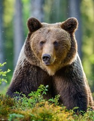 Fototapeta premium Wild Brown Bear (Ursus Arctos) in the summer forest. Animal in natural habitat. Wildlife scene